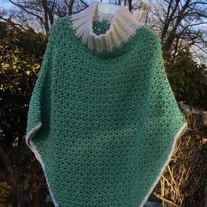 White Turtle Neck Aqua Blue Poncho Sweater